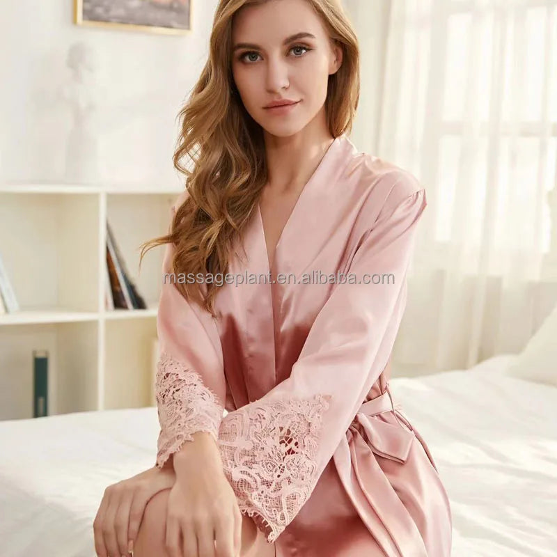 Solid 8209 Braut Hochzeitsroben-Set Damen Nachtwäsche Dreiecksspitze Brautjungfern Satinrobe