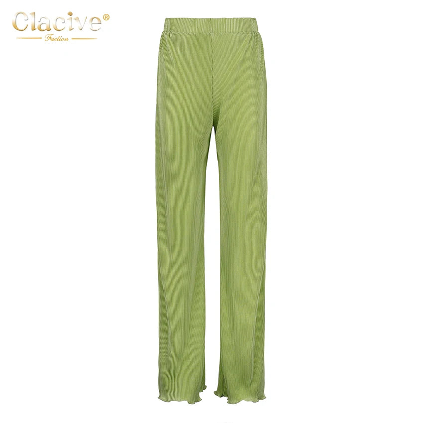 Clacive Lässiger locker sitzender Hausanzug Herbst Langarmbluse mit High-Waist-Hose Set Damen Elegantes plissiertes beiges 2-teiliges Hosenset