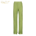 Clacive Lässiger locker sitzender Hausanzug Herbst Langarmbluse mit High-Waist-Hose Set Damen Elegantes plissiertes beiges 2-teiliges Hosenset