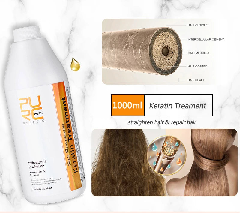 PURC 1000ml Keratin Haarglättende Glättungsbehandlung für lockiges, krauses Haar, brasilianische Keratinprodukte professionell