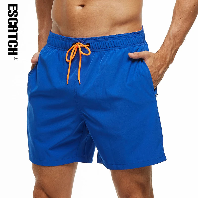 Escatch 2026 Sommer Herren-Badebekleidung Einfarbig Multicolor Polyester-Netzfutter Seitliche Reißverschlusstasche Maillot De Bain Homme Sportshorts