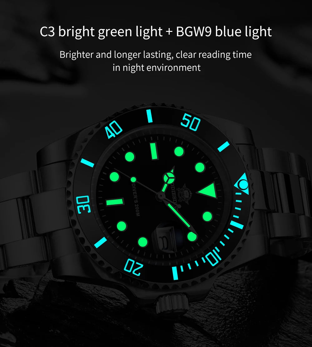 ADDIESDIVE Herren-Uhr klassisch mit Keramiklünette 200m wasserdicht Freizeit Quarz-Uhr BGW9 Blaue Leuchtzeiger Geschenk-Uhr MY-H3-2