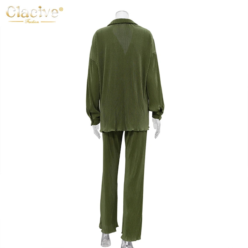 Clacive Lässiger locker sitzender Hausanzug Herbst Langarmbluse mit High-Waist-Hose Set Damen Elegantes plissiertes beiges 2-teiliges Hosenset