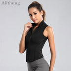 Aiithuug Athletic Reißverschluss-Sweatweste Jacke Ärmellose Lauf-Yoga-Tops Stehkragen-Shirts Sport-Top Fitness Damen Workout-Tops