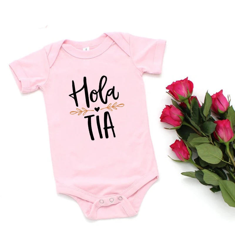 Hola Tio Tia Schwangerschaftsankündigung Baby Body Strampler Säuglingskleidung Freizeit-Overalls Schwangerschaftsgeschenk für neue Tante Onkel