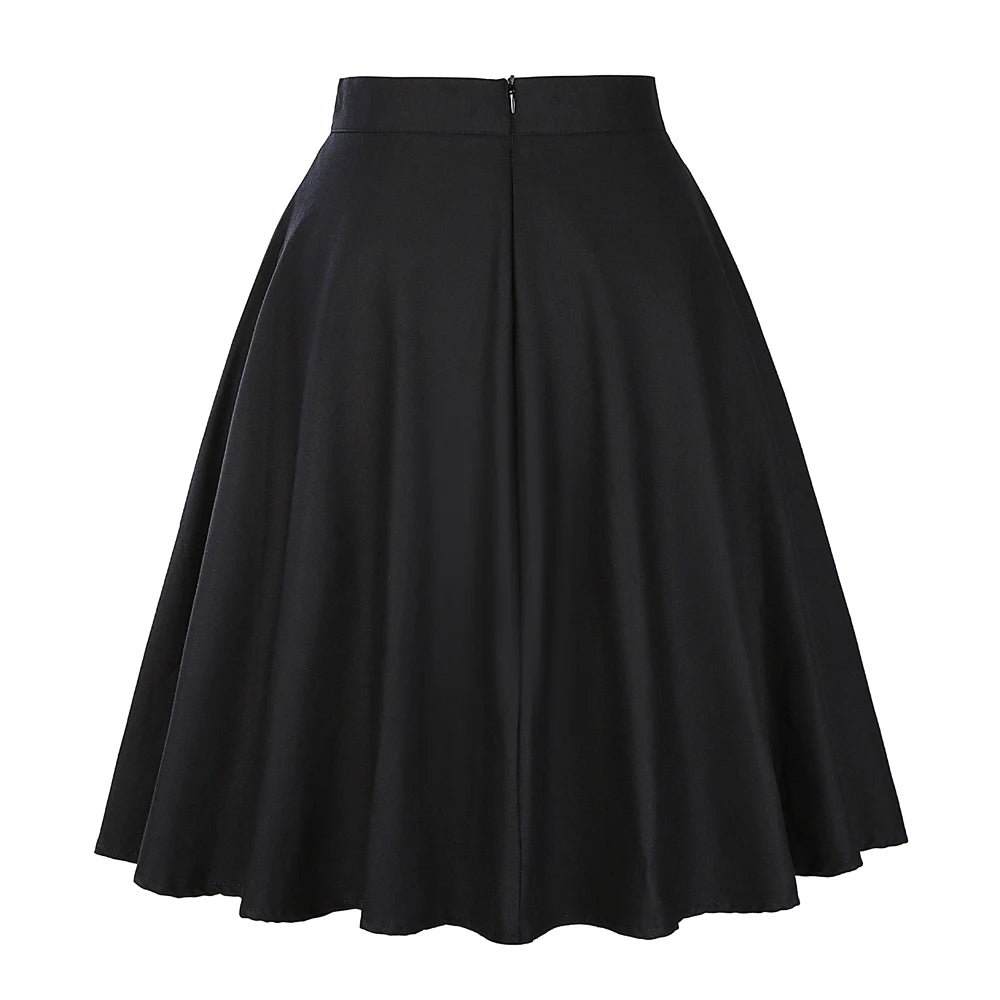 Damen-Laufsteg Baumwolle Retro Vintage Rock Schwarz Faldas High Waist A-Linie Rockabilly Jupe 50er Swing Tellerrock Pin Up Skater