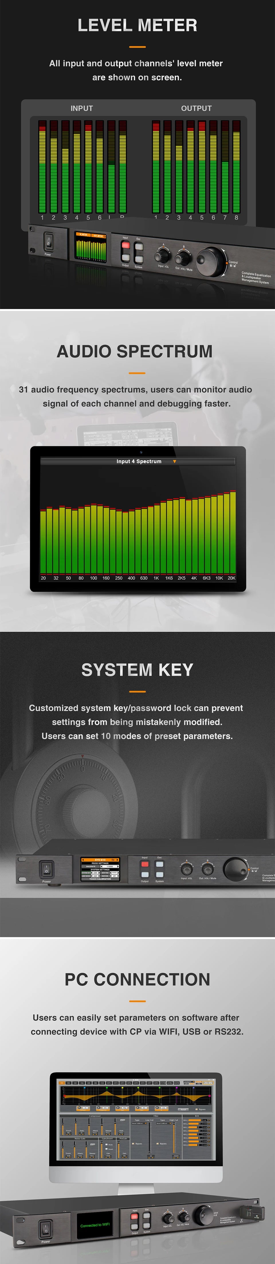 Paulkitson A808 Prozessor Digitaler professioneller Audioprozessor 8 In 8 Out 32Bit DSP 7-Band EQ Equalizer WIFI USB Ohne Rauschen