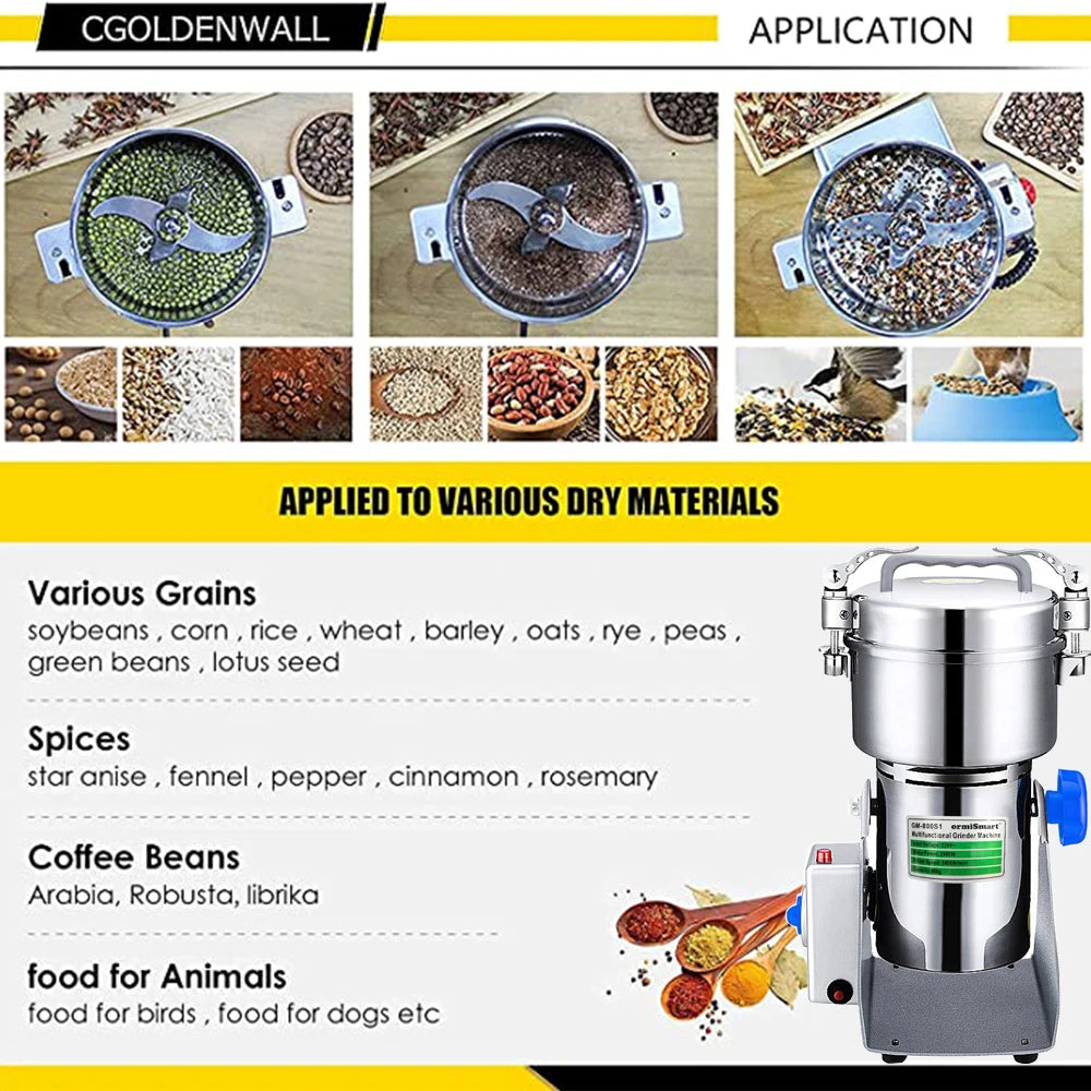 800G Kräutermühle Kaffeemaschine Getreidemühle Gewürzmühle Medizin Weizenmischer Trockenfutter Mühle Große Kapazität Edelstahl
