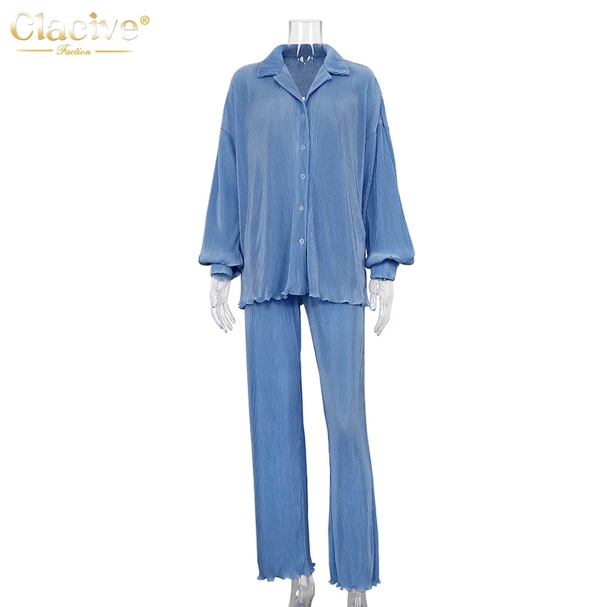 Clacive Lässiger locker sitzender Hausanzug Herbst Langarmbluse mit High-Waist-Hose Set Damen Elegantes plissiertes beiges 2-teiliges Hosenset