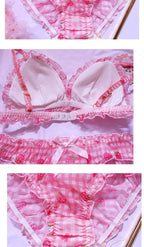 Süßes japanisches BH- und Slip-Unterwäsche-Set Lolita-Mädchen Rosa kariertes Blumen-Mesh Sexy Erdbeer-Print-BH & Höschen Dessous-Set