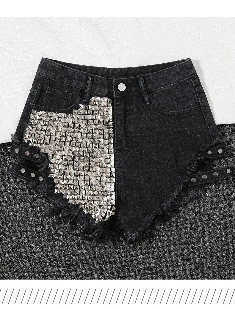Summer Side Spike Damen-Denim-Shorts 2021 Mode Loose Holes High Waist Jeans High Street Weite Beine Dünne Shorts Damen Hosen