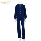 Clacive Lässiger locker sitzender Hausanzug Herbst Langarmbluse mit High-Waist-Hose Set Damen Elegantes plissiertes beiges 2-teiliges Hosenset