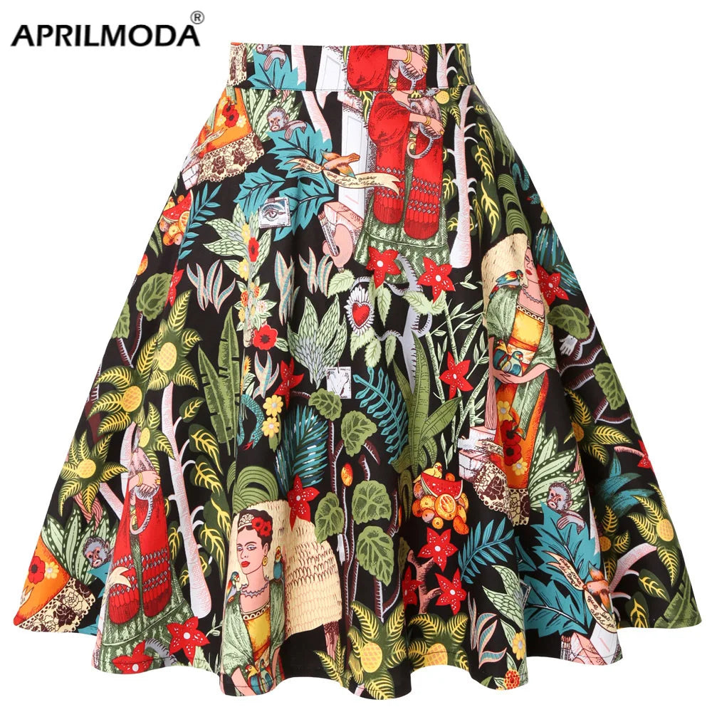 Damen-Laufsteg Baumwolle Retro Vintage Rock Schwarz Faldas High Waist A-Linie Rockabilly Jupe 50er Swing Tellerrock Pin Up Skater Hauptbild