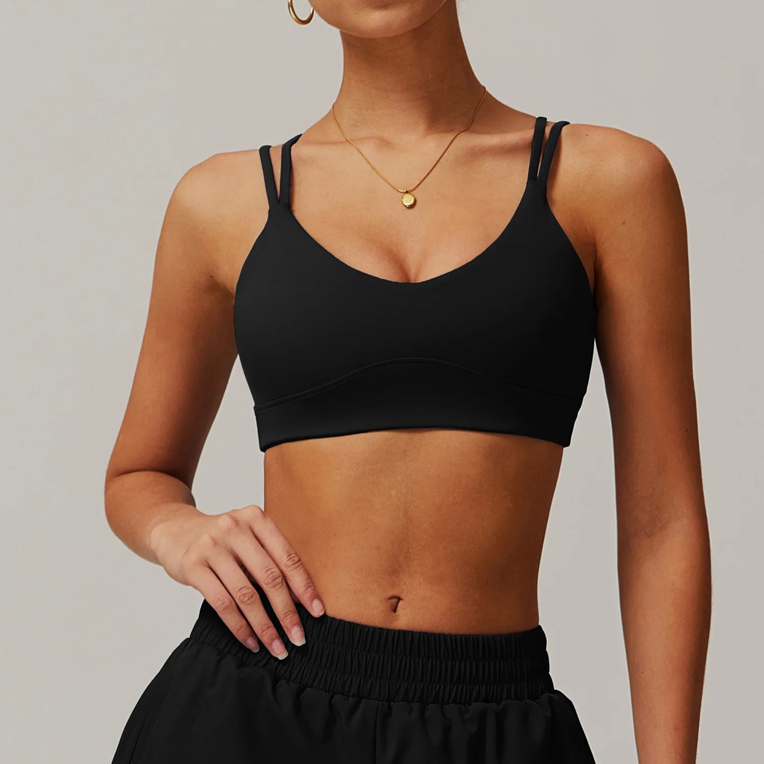 Womens Nude Cross Back Double Shoulder Straps Design High Stretch Push up Top Fitness Yoga Sport Bra