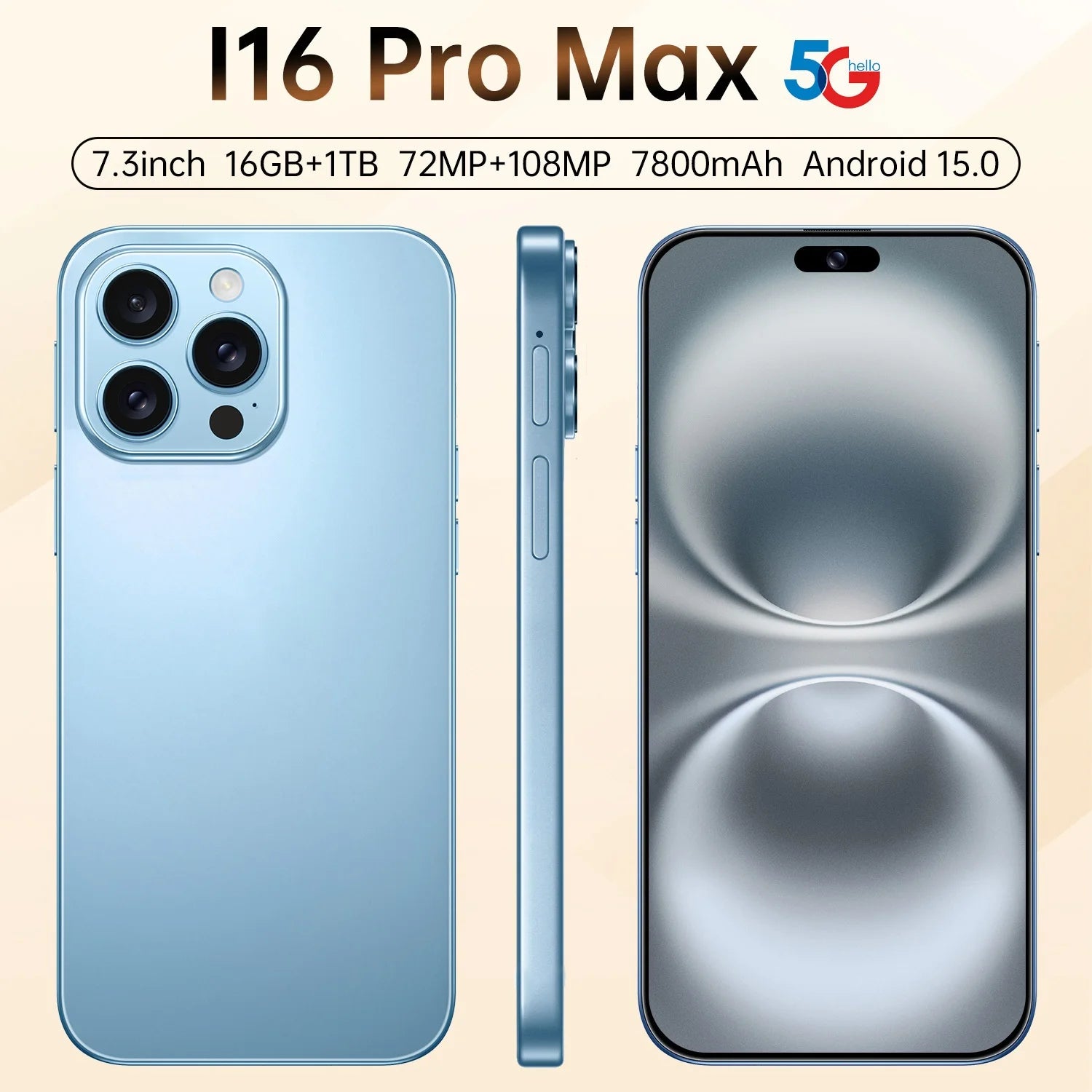 Neues I16 Pro Max grenzüberschreitendes exklusives 5G-Telefon, 7,3-Zoll-Bildschirm, Android 15.0, Dual-SIM, Auslandsversion, Direktvertriebsquelle