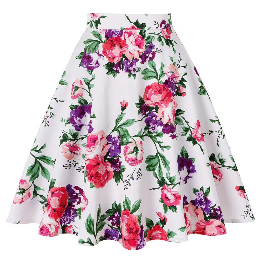 Damen-Laufsteg Baumwolle Retro Vintage Rock Schwarz Faldas High Waist A-Linie Rockabilly Jupe 50er Swing Tellerrock Pin Up Skater