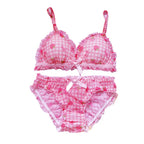 Süßes japanisches BH- und Slip-Unterwäsche-Set Lolita-Mädchen Rosa kariertes Blumen-Mesh Sexy Erdbeer-Print-BH & Höschen Dessous-Set