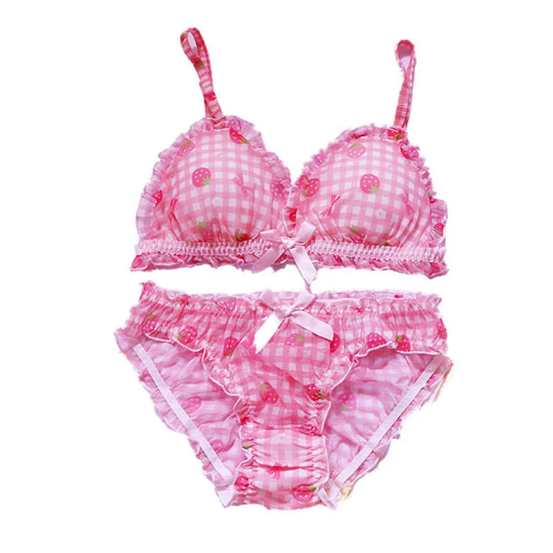 Süßes japanisches BH- und Slip-Unterwäsche-Set Lolita-Mädchen Rosa kariertes Blumen-Mesh Sexy Erdbeer-Print-BH & Höschen Dessous-Set