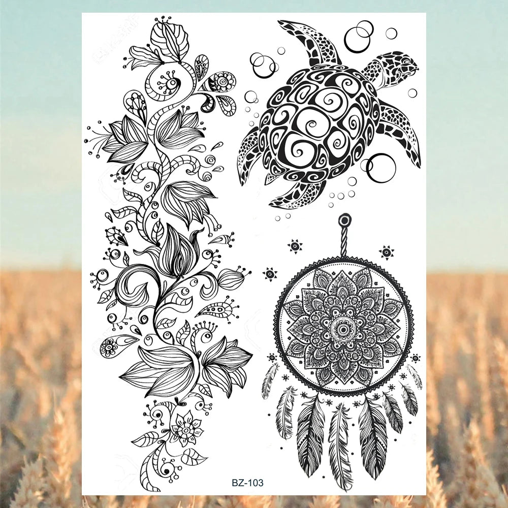 Lotus Henna Mandala Chest Temporary Tattoos For Women Underboob Adult Butterfly Turtle Lion Fake Tattoo Sexy Waterproof Tatoos