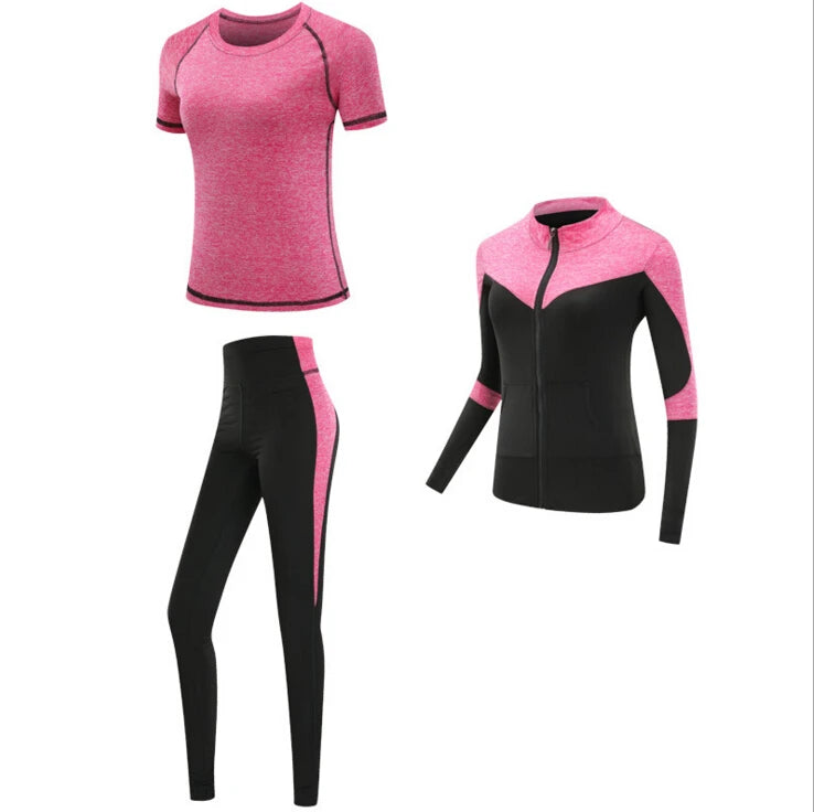 Schnell trocknende Damen Sportbekleidung Yoga-Set Fitnessstudio Yoga-Kleidung Anzugsets Mantel+BH+T-Shirt+Leggings 2019 Workout Laufen Training