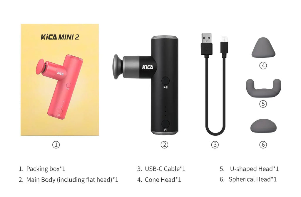 KiCA Mini 2 Faszienpistole 4 Gänge Aluminium Tragbar 3000 U/min Tiefen-Hochgeschwindigkeit 3 Massageköpfe Pistole für Sport, 195g