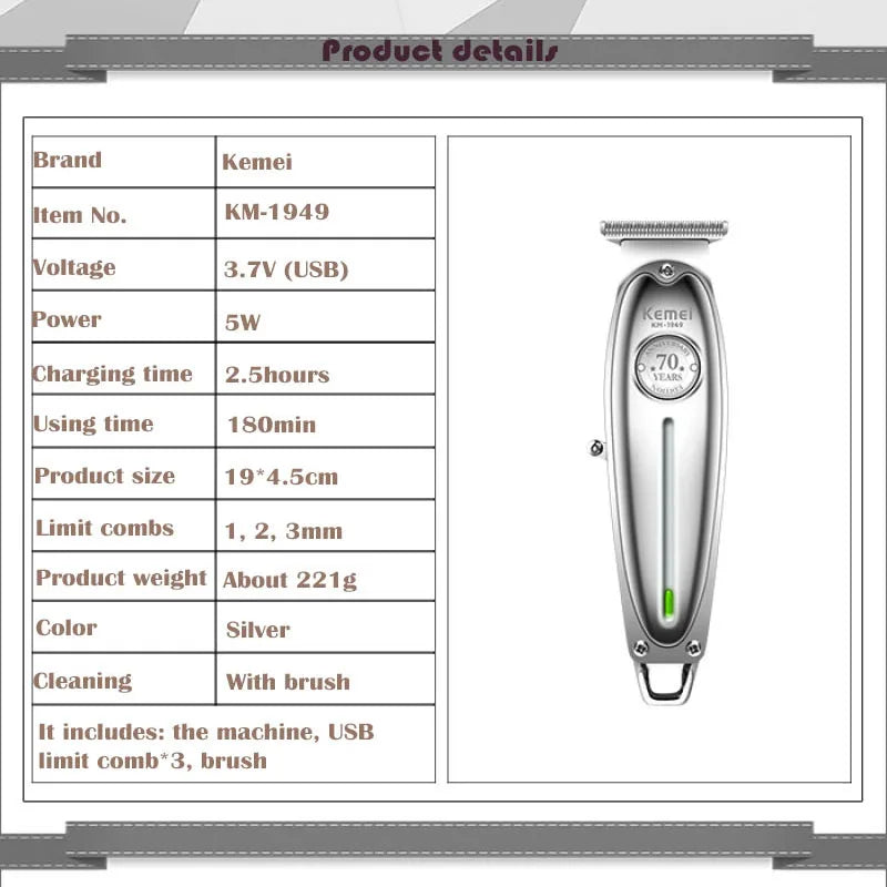 Kemei 1949 Ganzmetall-Haarschneider Professioneller Clipper für Friseure Wiederaufladbarer Elektrischer Herren-Bartrasierer Haarschneidemaschine