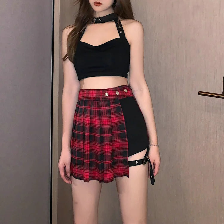 Sommer Harajuku Punk-Stil Karierte unregelmäßige Röcke Damen Asymmetrische High-Waist Schwarze Röcke Plissierte Mädchen Gothic Halbröcke
