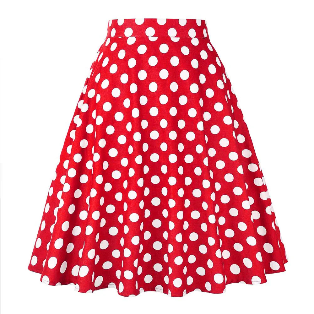 Damen-Laufsteg Baumwolle Retro Vintage Rock Schwarz Faldas High Waist A-Linie Rockabilly Jupe 50er Swing Tellerrock Pin Up Skater
