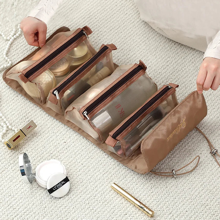 4-in-1 Kosmetiktasche für Damen, Reißverschluss, Netz, trennbare Kosmetiktasche, faltbare Nylon-Tasche, Seil-Make-up-Tasche, Kosmetyczka