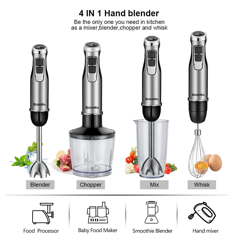 BioloMix 4-in-1 Hochleistungs-Stabmixer 1200W mit Zerkleinerer und Smoothie-Becher Edelstahl-Eismesser