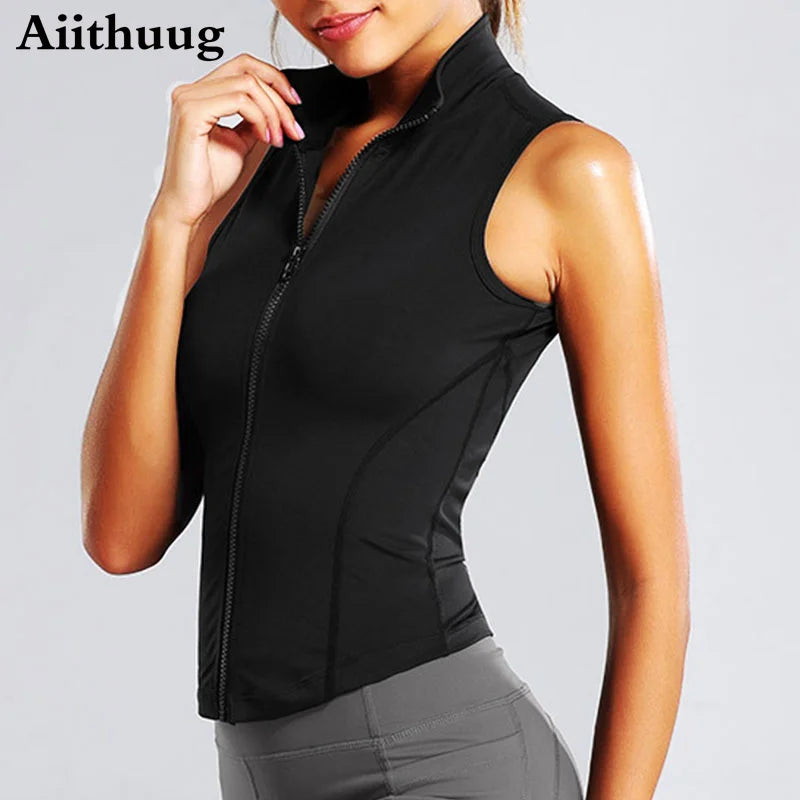 Aiithuug Athletic Reißverschluss-Sweatweste Jacke Ärmellose Lauf-Yoga-Tops Stehkragen-Shirts Sport-Top Fitness Damen Workout-Tops