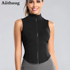 Aiithuug Athletic Reißverschluss-Sweatweste Jacke Ärmellose Lauf-Yoga-Tops Stehkragen-Shirts Sport-Top Fitness Damen Workout-Tops