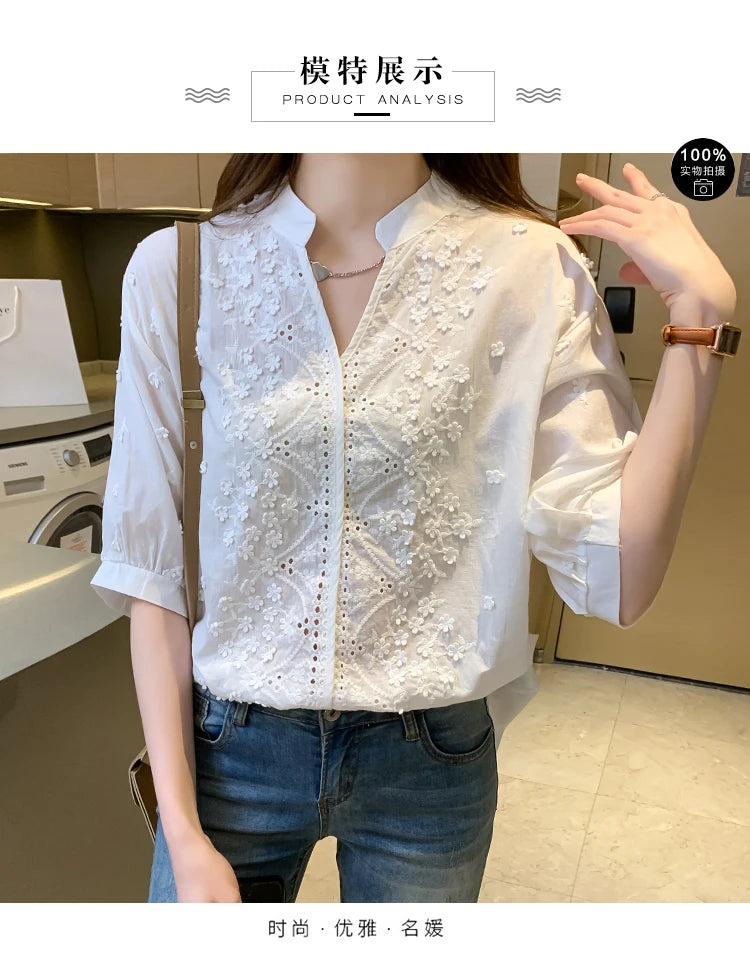 Sommer Blumenstickerei Spitzenbluse Mode Damen V-Ausschnitt Freizeitshirt Chic Kurzarm Hohl-Out Oberteile Elegante Blusen 24350