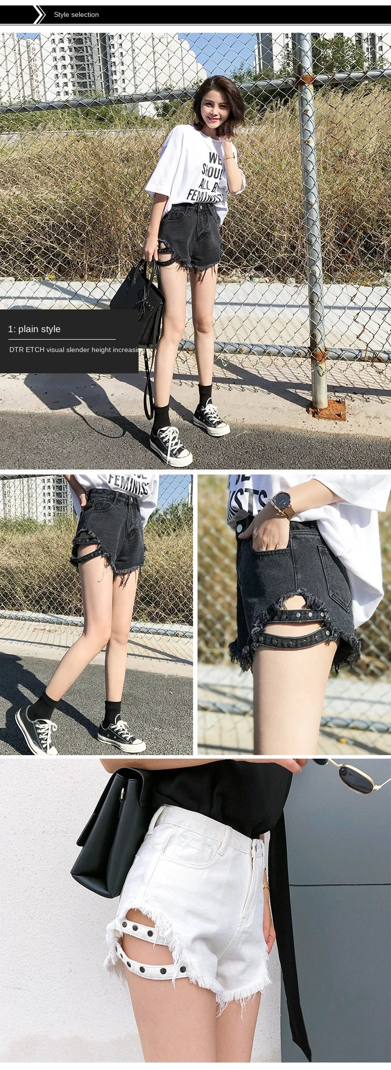 Summer Side Spike Damen-Denim-Shorts 2021 Mode Loose Holes High Waist Jeans High Street Weite Beine Dünne Shorts Damen Hosen