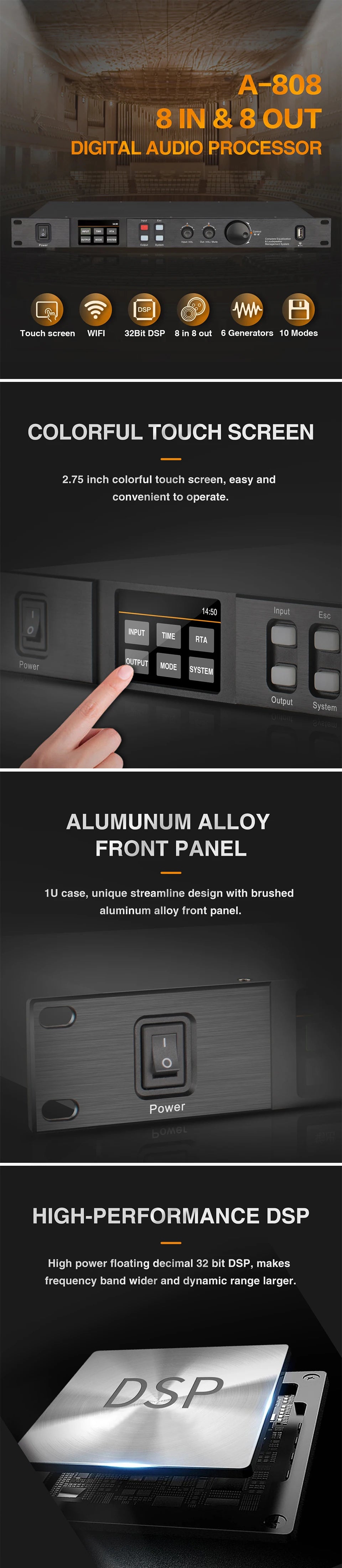 Paulkitson A808 Prozessor Digitaler professioneller Audioprozessor 8 In 8 Out 32Bit DSP 7-Band EQ Equalizer WIFI USB Ohne Rauschen