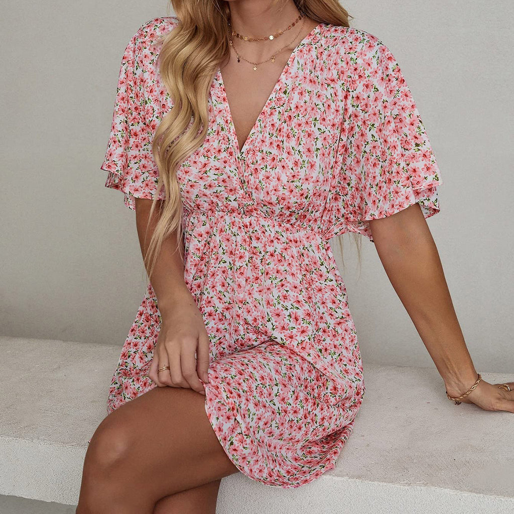 2024 Europa und die Vereinigten Staaten Frühling und Sommer neues Damenkleid Druck V-Ausschnitt Kurzarm Freizeit lockeres Kleid Frauen