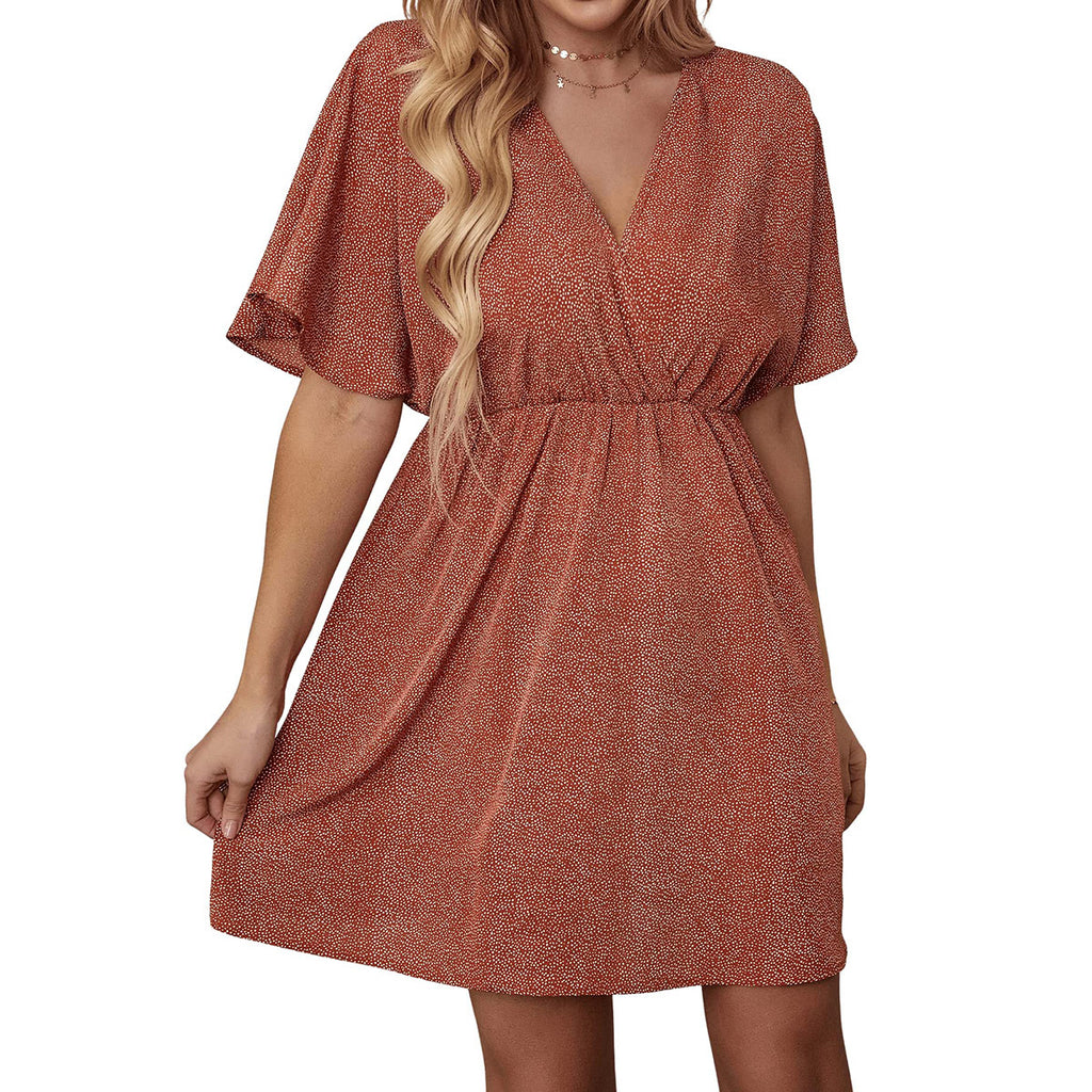 2024 Europa und die Vereinigten Staaten Frühling und Sommer neues Damenkleid Druck V-Ausschnitt Kurzarm Freizeit lockeres Kleid Frauen