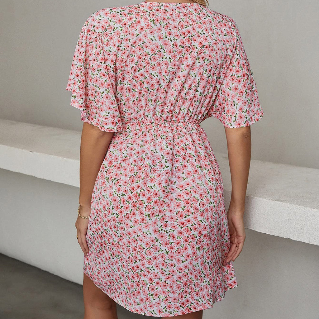 2024 Europa und die Vereinigten Staaten Frühling und Sommer neues Damenkleid Druck V-Ausschnitt Kurzarm Freizeit lockeres Kleid Frauen
