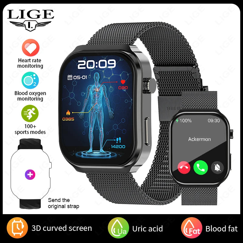LIGE 2026 Neue KI-Gesundheitsdiagnose Smartwatch Blutfett Harnsäure Bluetooth-Anruf Blutdruck Gesundheits-Smartwatch Herren Damen