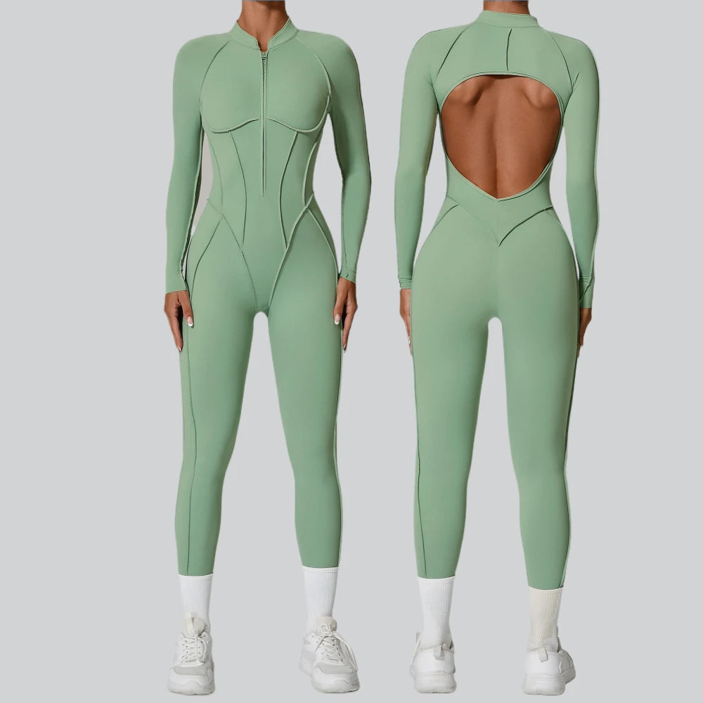 Damen-Trainingsanzug Fitness-Workout Sportkleidung Outfit Reißverschluss-Jumpsuit Yoga Fitness Overall Set Offene Rücken Bodysuits Anzug für Damen