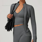 Women's Zipper Crop Sports Jacket Long Sleeve Yoga T-Shirt Solid Quick Dry Fitness Top Gym Running Workout Sportswear