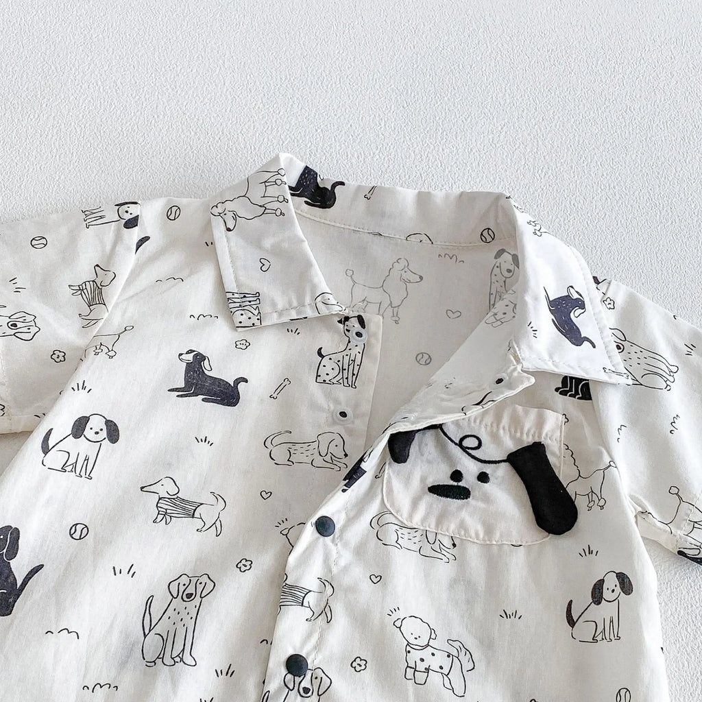 0-2Y Sommer Baby Jungen Kleidung mit Hundemuster, Einreihig, Kleinkind Strampler, Kurzarm, Süßes Baby Jungen Outfit