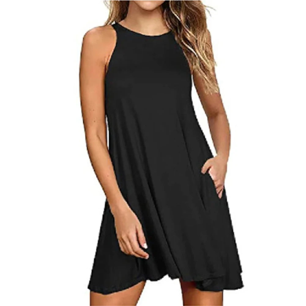 Damenkleid Sommer Freizeit T-Shirt Kleider Strandüberzug Einfarbig Plissee Tanktaschen Kleid Hauptbild