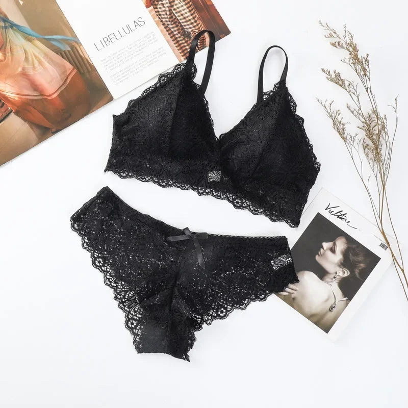 Damen Push-up BH Set Sexy Dessous Geblümte Spitze Kabelloser Bralette Niedriger Bund Höschen Sexy Slips Damen Unterwäsche Intimates