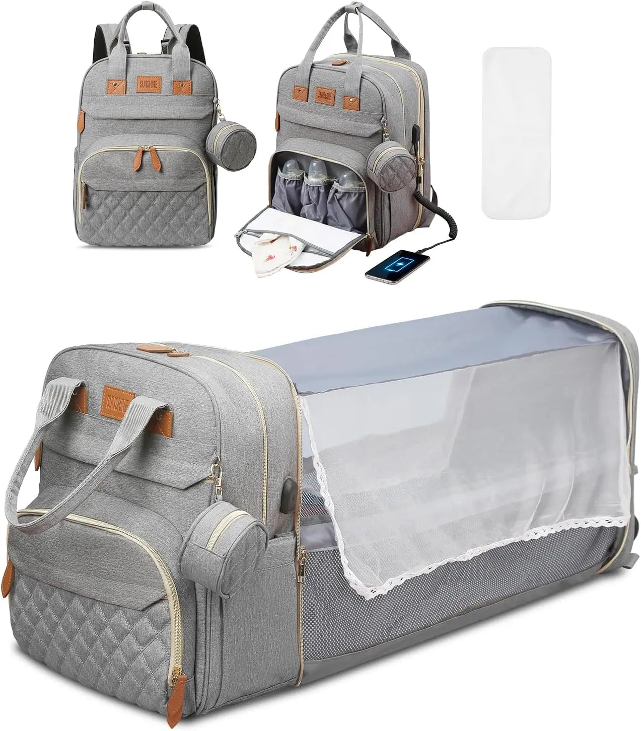 3-in-1-Wickeltaschen-Rucksack, faltbares Babybett, wasserdichte Reisetasche mit USB-Ladefunktion, Wickeltaschen-Rucksack mit Wickelbett, 3 Typen