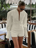FANTOYE Sexy Deep V-Neck Long Sleeve Shoulder Pads Women 2 Piece Sets Beige Single Breasted Tops Short Pants Winter Lady Outfits