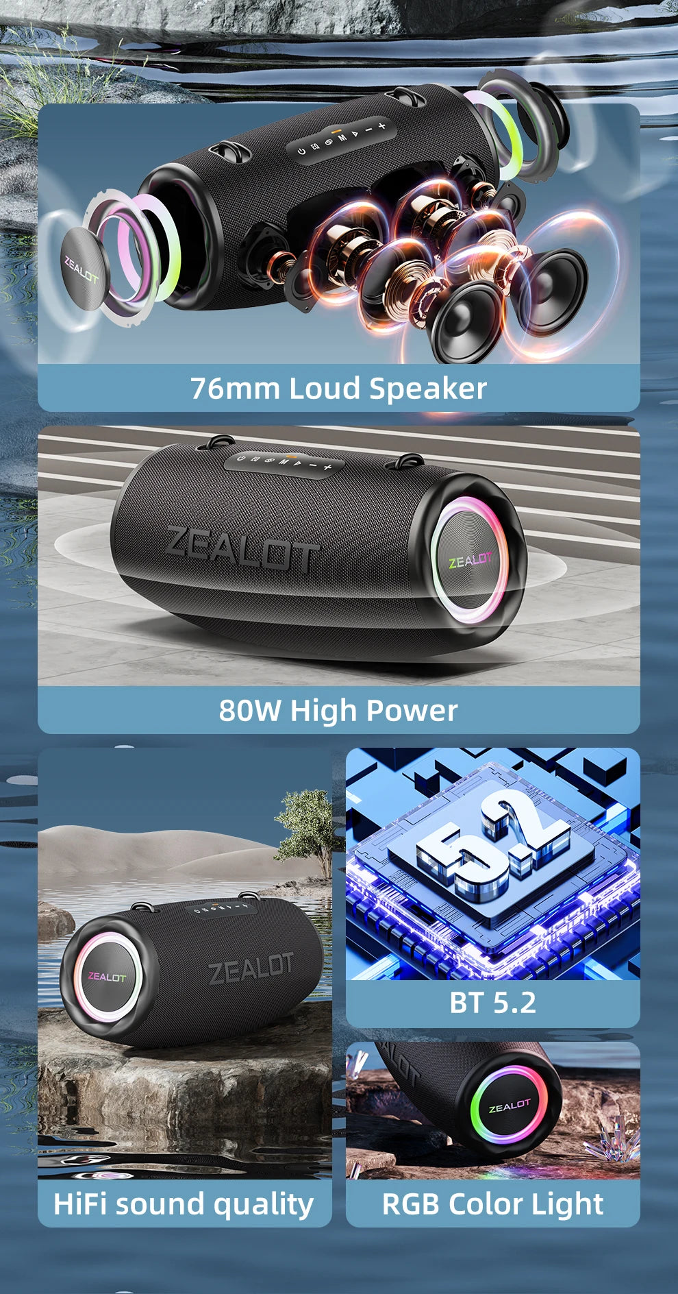 ZEALOT-S87 Outdoor Tragbarer kabelloser Bluetooth-Lautsprecher 80 W Hochleistungssubwoofer IPX6 Wasserdicht Camping