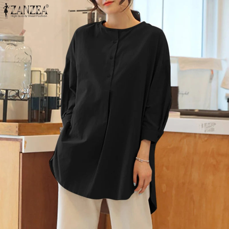 ZANZEA Mode Herbst Langarm Bluse Damen Weites Hemd Elegant Einfarbig OL Arbeitsplatten Lässig Locker Urlaub Arbeit Blusen Damen