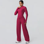 2-teiliges schnelltrocknendes Sport-Fitness-Bekleidung Yoga-Set Damen Yoga Reißverschluss Langarm High Waisted atmungsaktive weite Hose Set