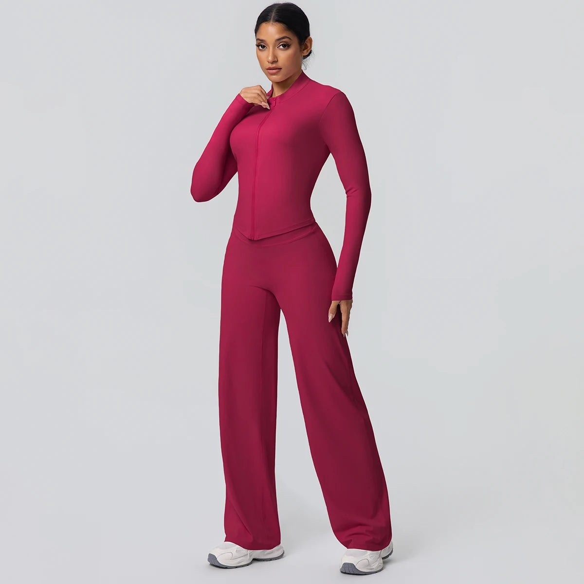 2-teiliges schnelltrocknendes Sport-Fitness-Bekleidung Yoga-Set Damen Yoga Reißverschluss Langarm High Waisted atmungsaktive weite Hose Set